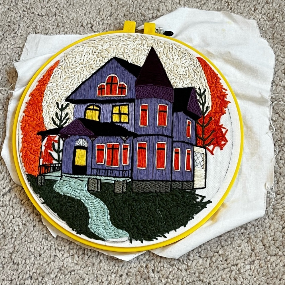 Halloween Haunted House Embroidery Mostly Finished Hoop Frame 8" Hand Made
